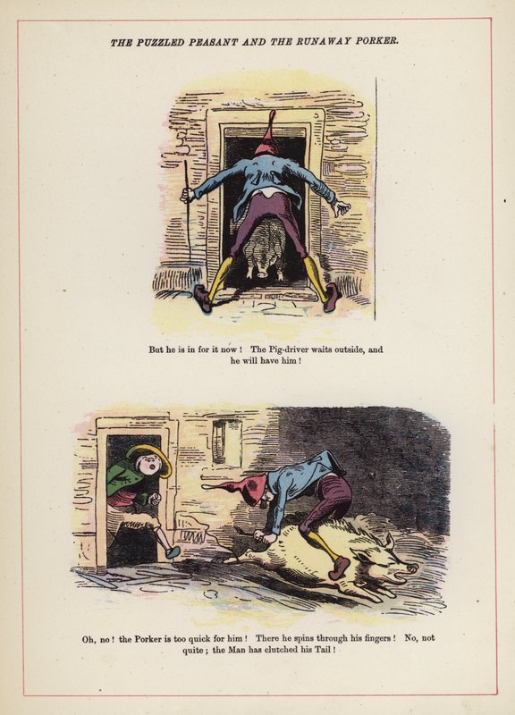 The Puzzled Peasant and the Runaway Porker (farge litho) av English School