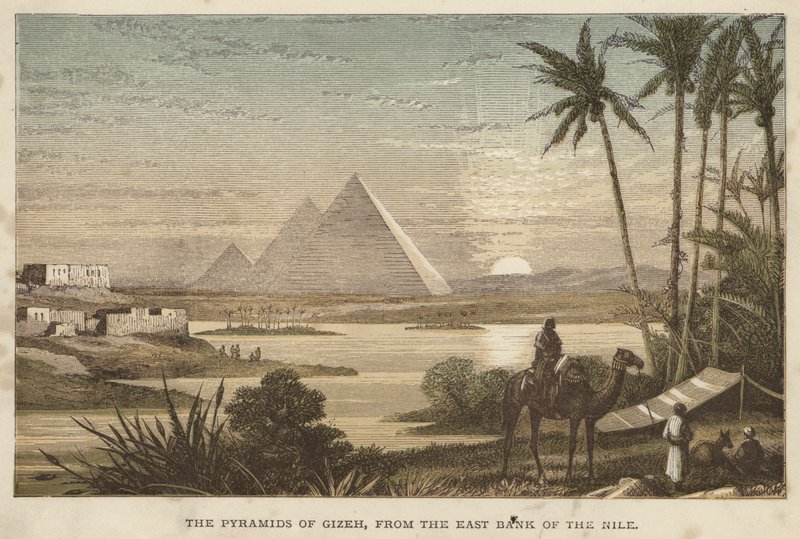 Pyramidene i Gizeh, fra østbredden av Nilen (farget gravering) av English School