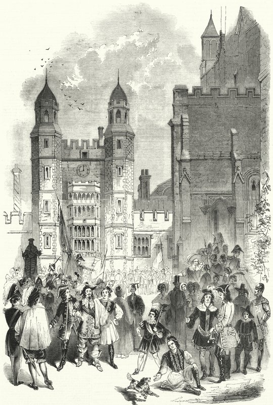 Quadrangle of Eton College om morgenen Montem (gravering) av English School