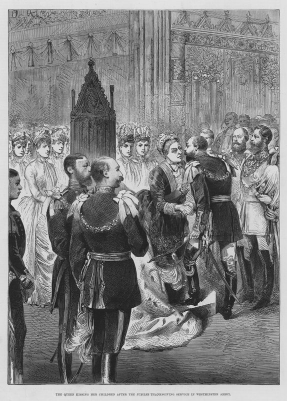 Dronningen kysser barna sine etter Jubilee Thanksgiving-tjenesten i Westminster Abbey (gravering) av English School