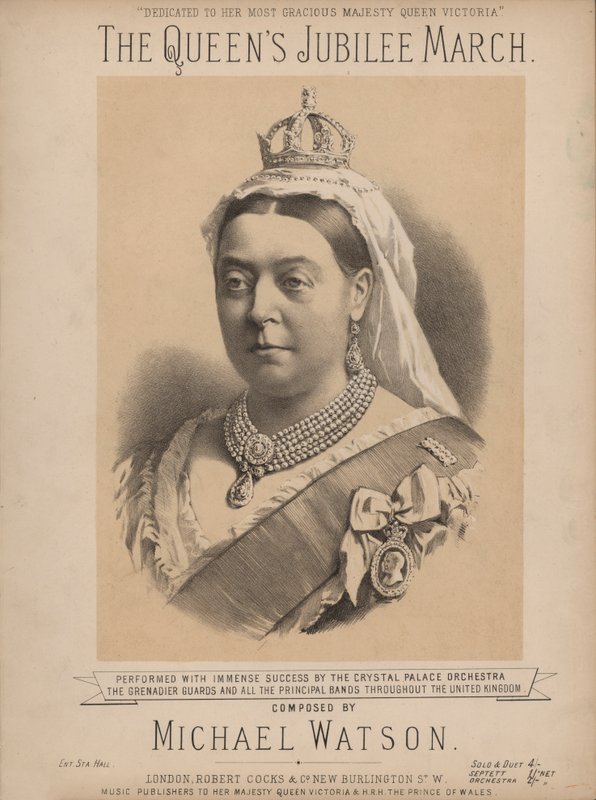 Dronningens jubileumsmarsj - med portrett av dronning Victoria (litho i farge) av English School