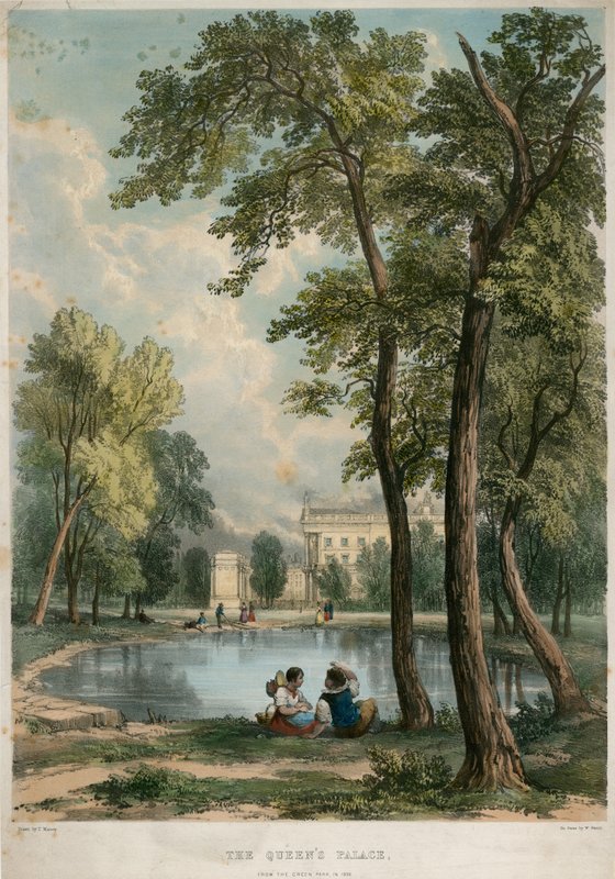 Queens Palace, fra Green Park i 1836 av English School