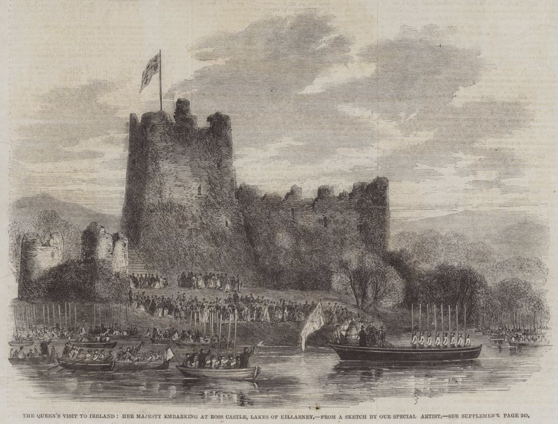 Dronningens besøk til Irland, Hennes Majestet går om bord på Ross Castle, Lakes of Killarney (gravering) av English School