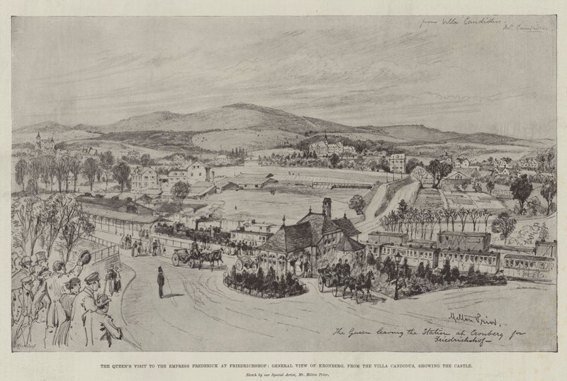 Dronningens besøk til keiserinne Frederick på Friedrichshof, generell utsikt over Kronberg, fra Villa Candidus, som viser slottet (gravering) av English School