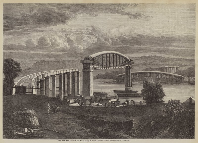 Jernbanebroen ved Saltash, IK Brunel, ingeniør (gravering) av English School