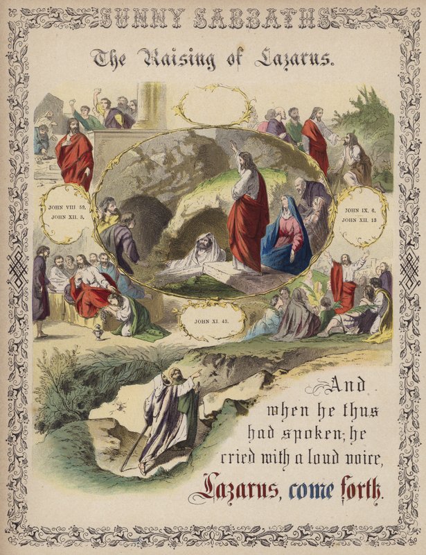 The Raising of Lazarus (farget gravering) av English School