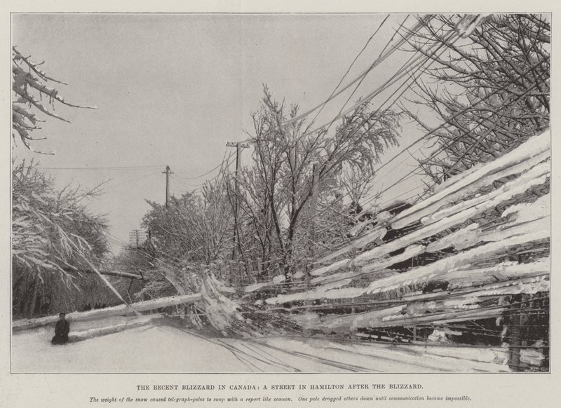 The Recent Blizzard i Canada, en gate i Hamilton etter Blizzard (litho) av English School