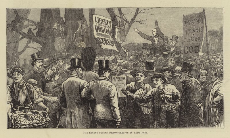 Den nylige Fenian-demonstrasjonen i Hyde Park (gravering) av English School