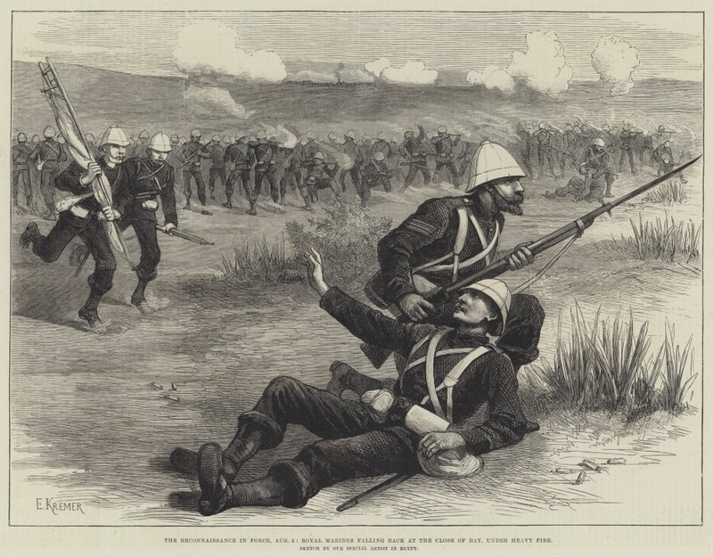 The Reconnaissance in Force, 5. august, Royal Marines faller tilbake ved dagens slutt, under kraftig brann (gravering) av English School