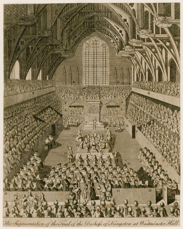 Representasjonen av rettssaken mot hertuginnen av Kingston i Westminster Hall av English School