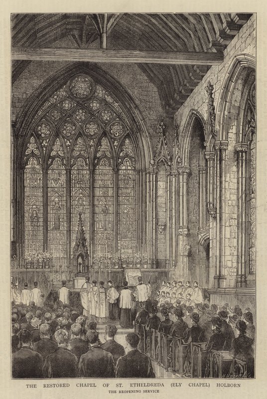 Det restaurerte kapellet i St Etheldreda (Ely Chapel) Holborn (gravering) av English School