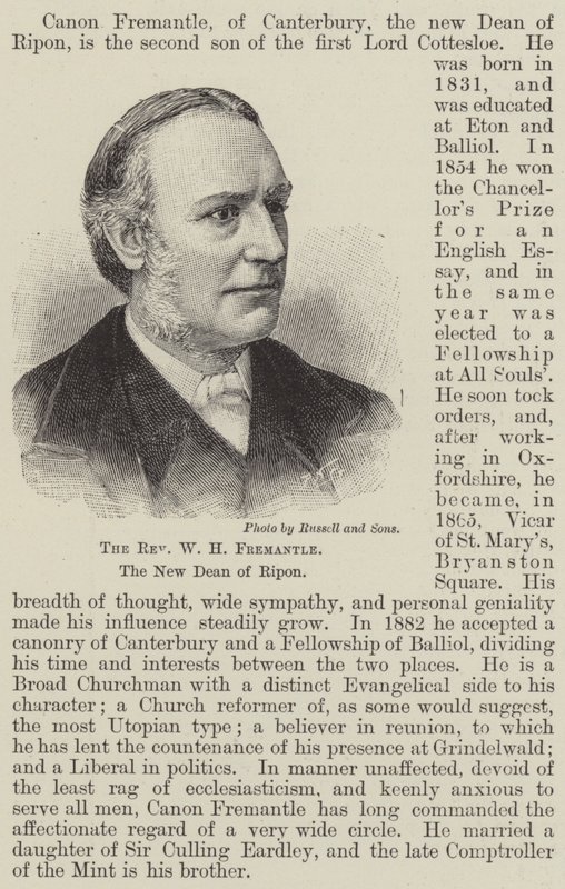 Pastor W H Fremantle, den nye dekanen av Ripon (gravering) av English School