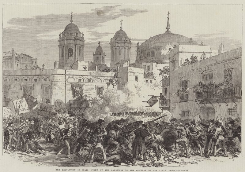 Revolusjonen i Spania, Kamp ved barrikaden i Quarter de Los Vinas, Cadiz (gravering) av English School