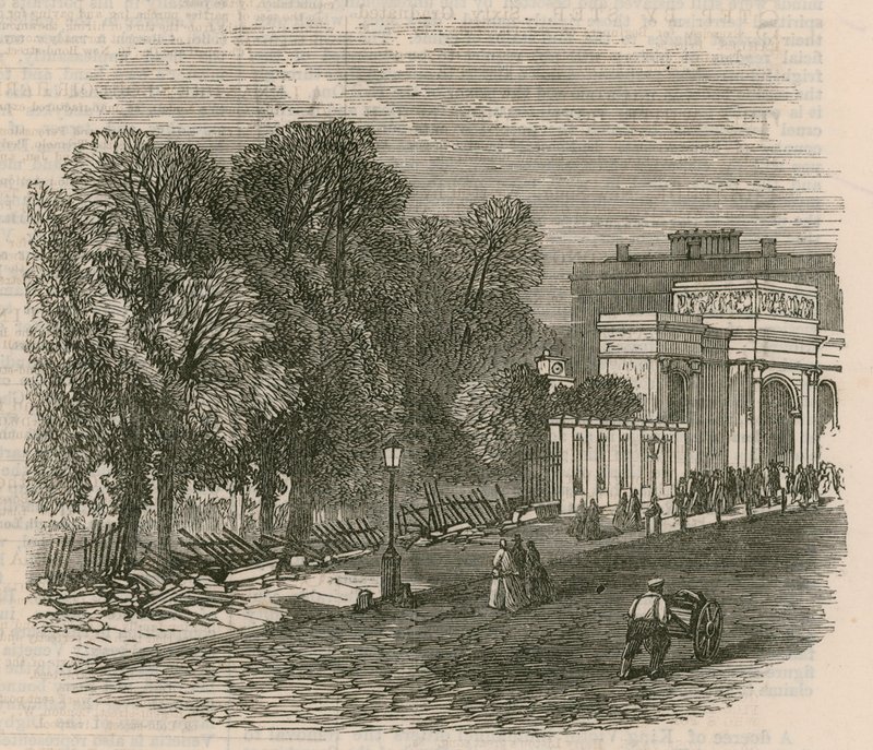 The Riot in Hyde Park: Det ødelagte rekkverket ved Hyde Park Corner av English School