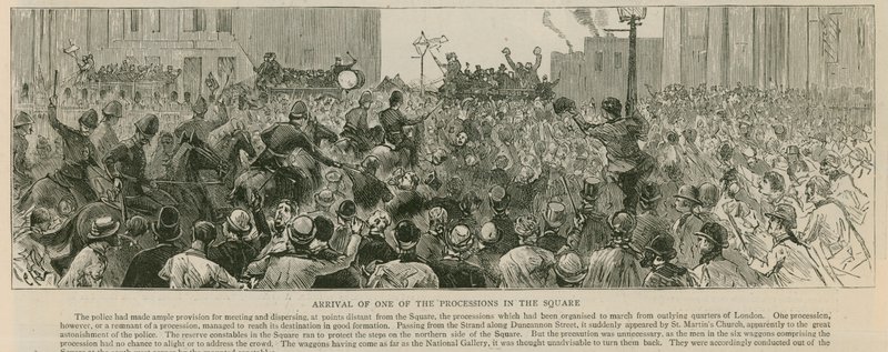The Riot in Trafalgar Square: Ankomst av en av prosesjonene på torget av English School