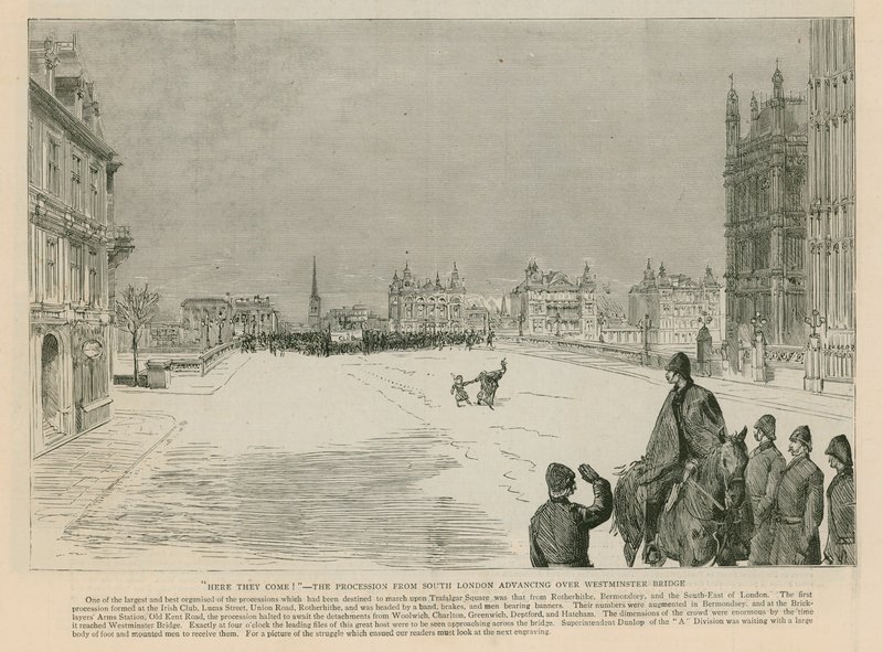 The Riot in Trafalgar Square: Here they Come - prosesjonen fra Sør-London som rykker frem over Westminster Bridge av English School