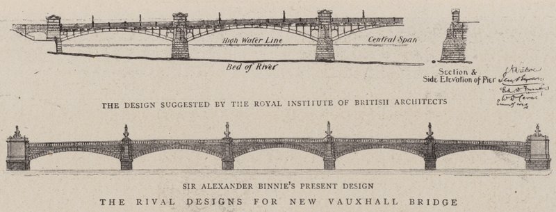 De rivaliserende designene for New Vauxhall Bridge (gravering) av English School