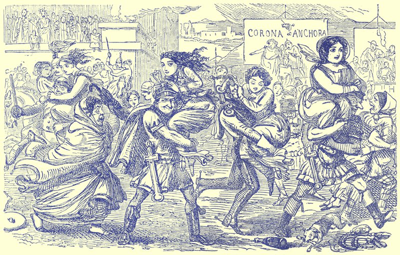 The Romans Walking off with the Sabine Women, illustrasjon fra The Comic History of Rome av Gilbert Abbott a Beckett, utgitt ca. 1850 (digitalt forbedret bilde) av English School