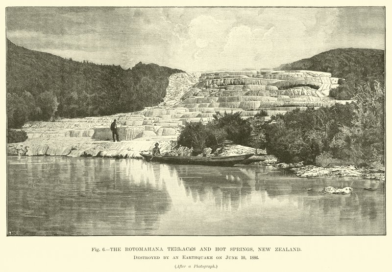 Rotomahana-terrassene og varme kilder, New Zealand, ødelagt av et jordskjelv 10. juni 1886 av English School