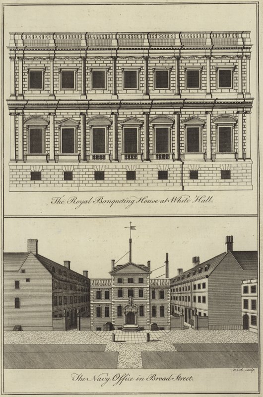 The Royal Banqueting House i Whitehall og Navy Office i Broad Street, London av English School
