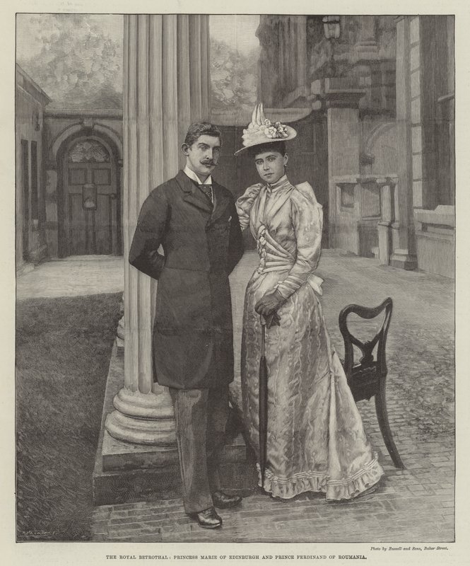 Den kongelige forlovelsen, prinsesse Marie av Edinburgh og prins Ferdinand av Roumania (gravering) av English School