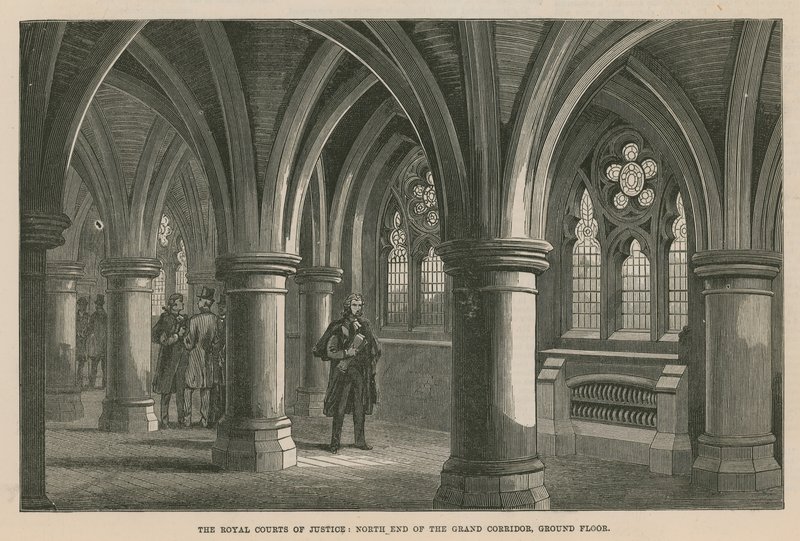 The Royal Courts of Justice: Nordenden av Grand Corridor, første etasje av English School
