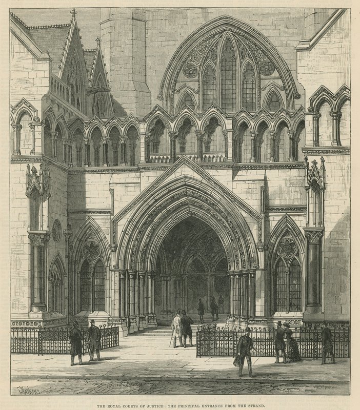 The Royal Courts of Justice: Hovedinngangen fra Stranden av English School
