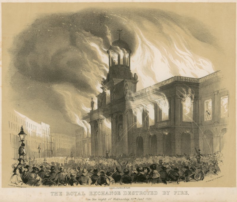 Royal Exchange, London, ødelagt av brann natt til 10. januar 1838 av English School