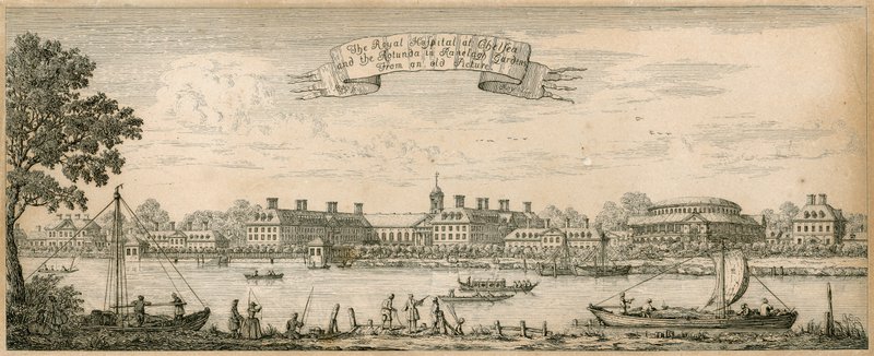 Royal Hospital i Chelsea og Rotunda i Ranelagh Gardens fra et gammelt bilde av English School
