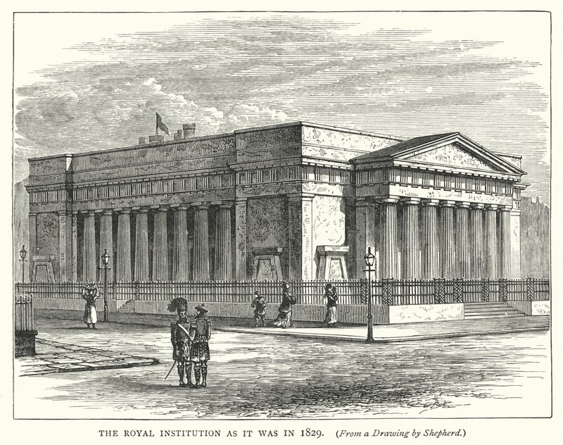 The Royal Institution slik den var i 1829 (gravering) av English School