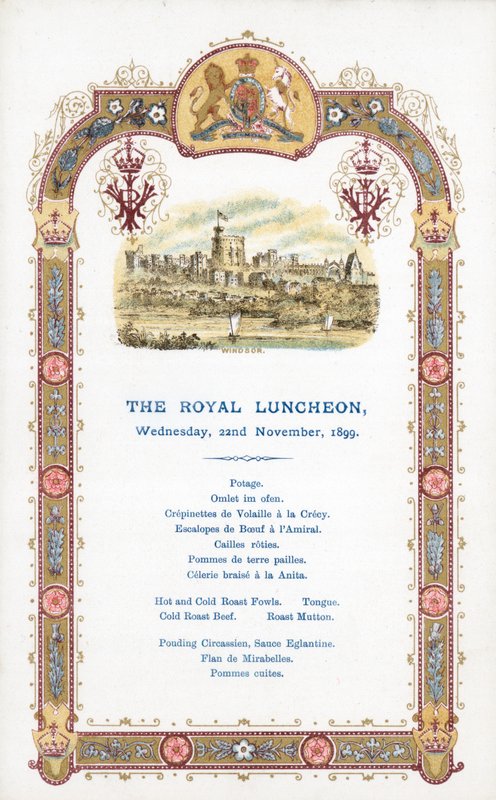 The Royal Luncheon, onsdag 22. november 1899, meny av English School