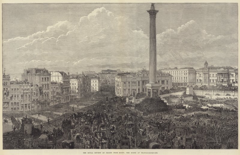 Den kongelige gjennomgangen av tropper fra Egypt, scenen ved Trafalgar-Square (gravering) av English School