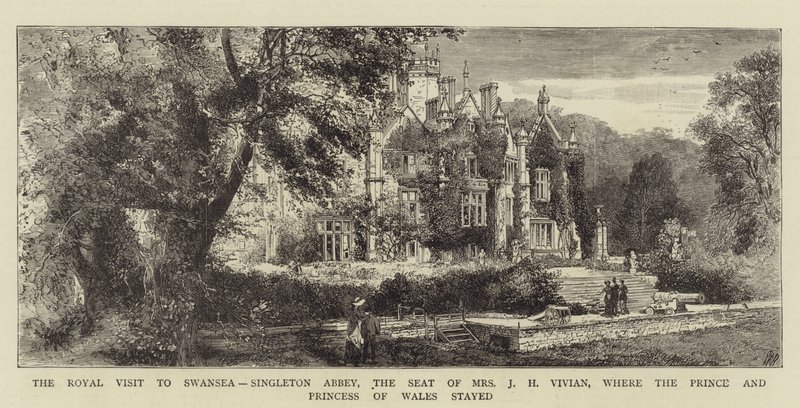 Det kongelige besøket i Swansea, Singleton Abbey, setet til fru JH Vivian, hvor prinsen og prinsessen av Wales bodde (gravering) av English School