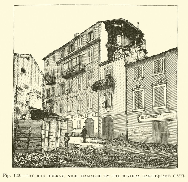Rue Debray, Nice, skadet av jordskjelvet på Riviera, 1887 av English School