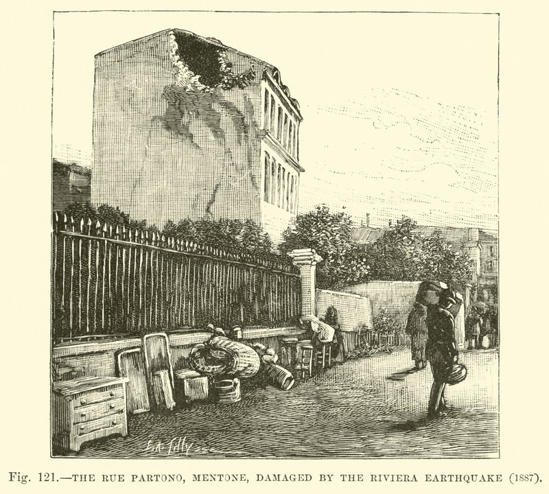 Rue Partono, Mentone, skadet av jordskjelvet på Riviera, 1887 av English School