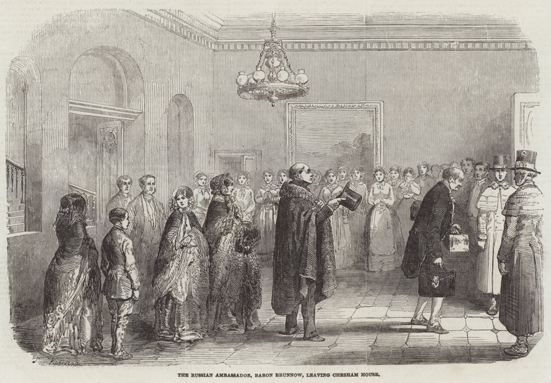 Den russiske ambassadøren, baron Brunnow, forlater Chesham House (gravering) av English School