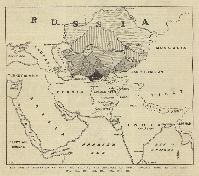 Den russiske annekteringen av Merv, kart som viser Russlands fremskritt mot India i årene 1734, 1836, 1863, 1867, 1874, 1876, 1881, 1884 av English School