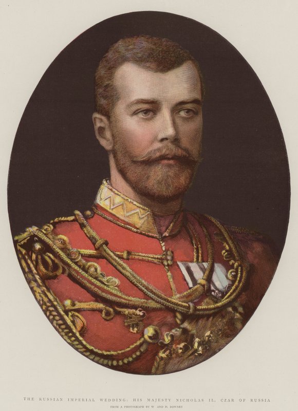 Det russiske keiserlige bryllupet, Hans Majestet Nicholas II, tsar av Russland (farge litho) av English School