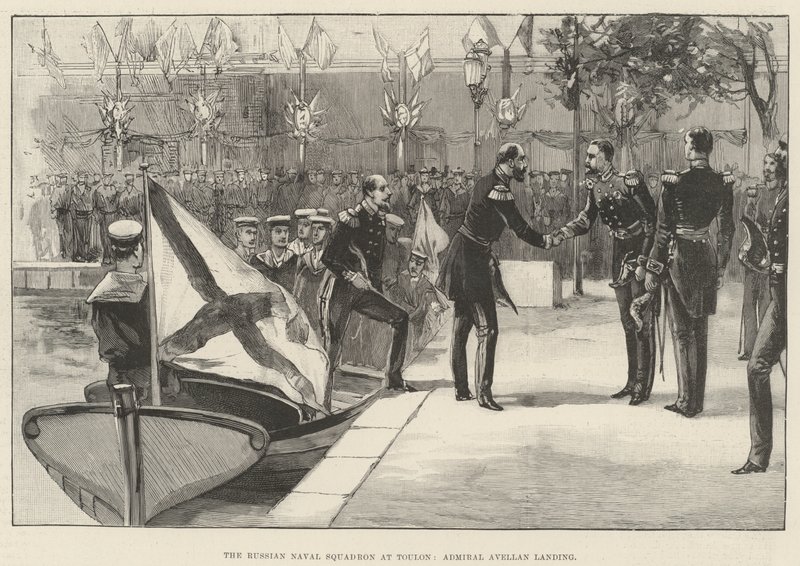 Den russiske marineskvadronen ved Toulon, admiral Avellan lander (gravering) av English School