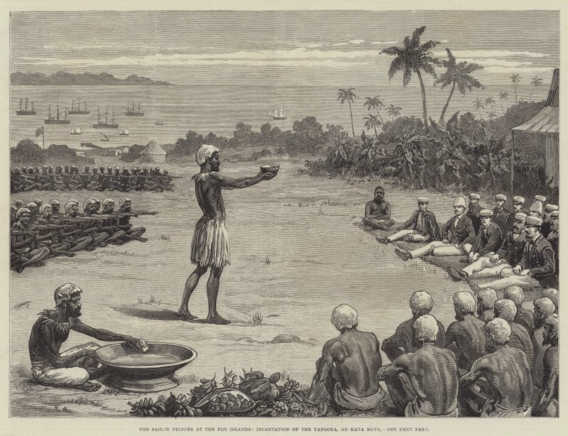 Sjømannsprinsene på Fijiøyene, Incantation of the Yangona eller Kava Bowl (gravering) av English School