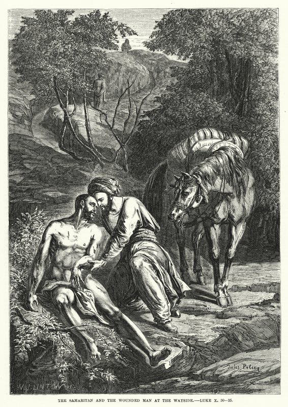 Samaritanen og den sårede mannen ved veikanten, Luke X, 30-35 (gravering) av English School