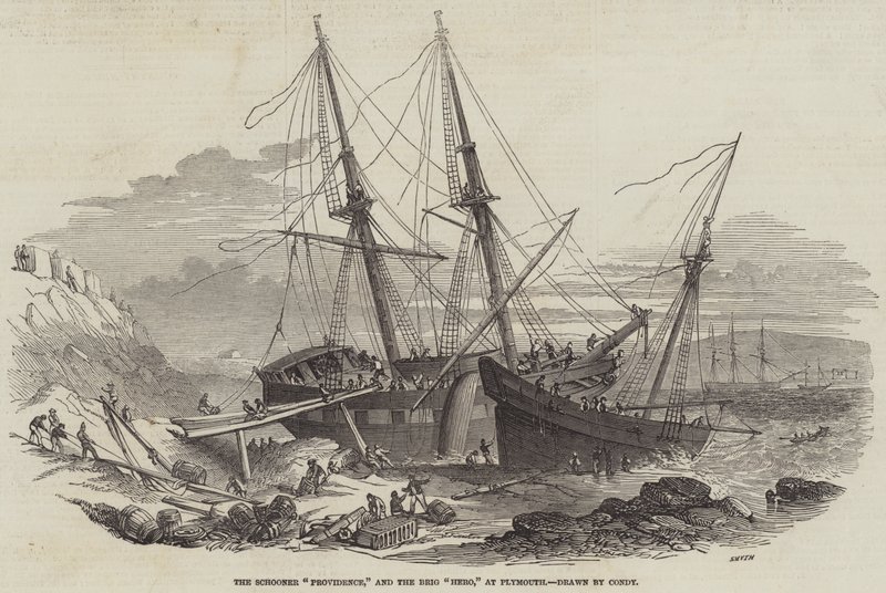 Skonnerten «Providence» og briggen «Hero» i Plymouth (gravering) av English School
