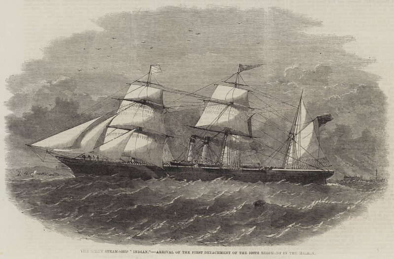 The Screw Steam-Ship "Indian," Ankomst av den første avdelingen av det 100. regimentet i Mersey (gravering) av English School
