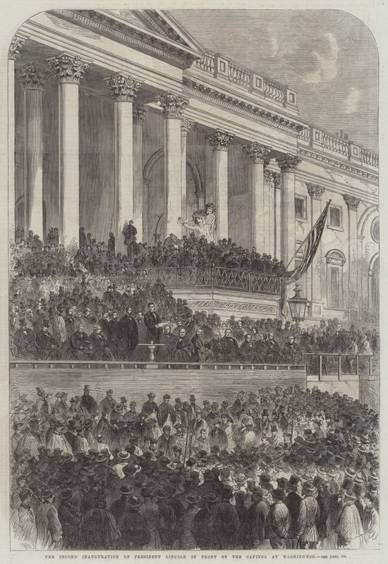 Den andre innsettelsen av president Lincoln foran Capitol i Washington (gravering) av English School
