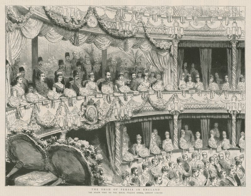 Sjahen av Persia i England; Statsbesøket til Royal Italian Opera, Covent Garden av English School