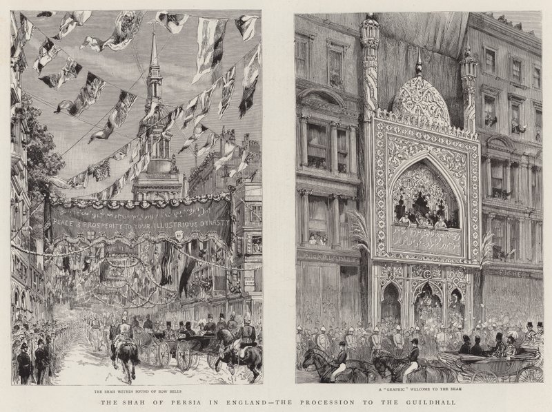 Sjahen av Persia i England, prosesjonen til Guildhall (gravering) av English School