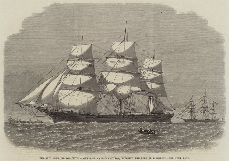 The Ship Glad Tidings, med en last av amerikansk bomull, kommer inn i Liverpools havn (gravering) av English School