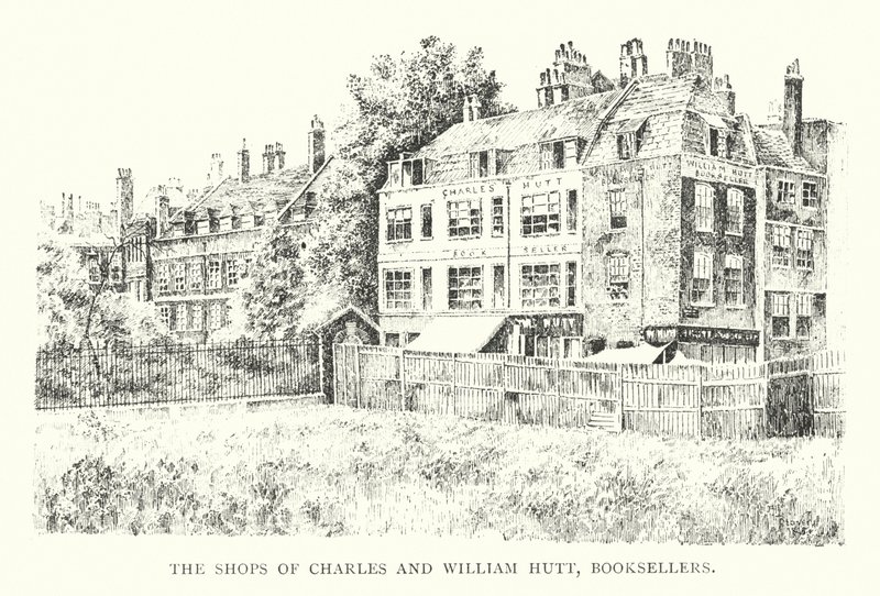 Butikkene til Charles og William Hutt, bokhandlere (litho) av English School