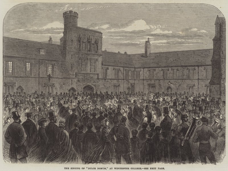 Sang av "Dulce Domum," ved Winchester College (gravering) av English School