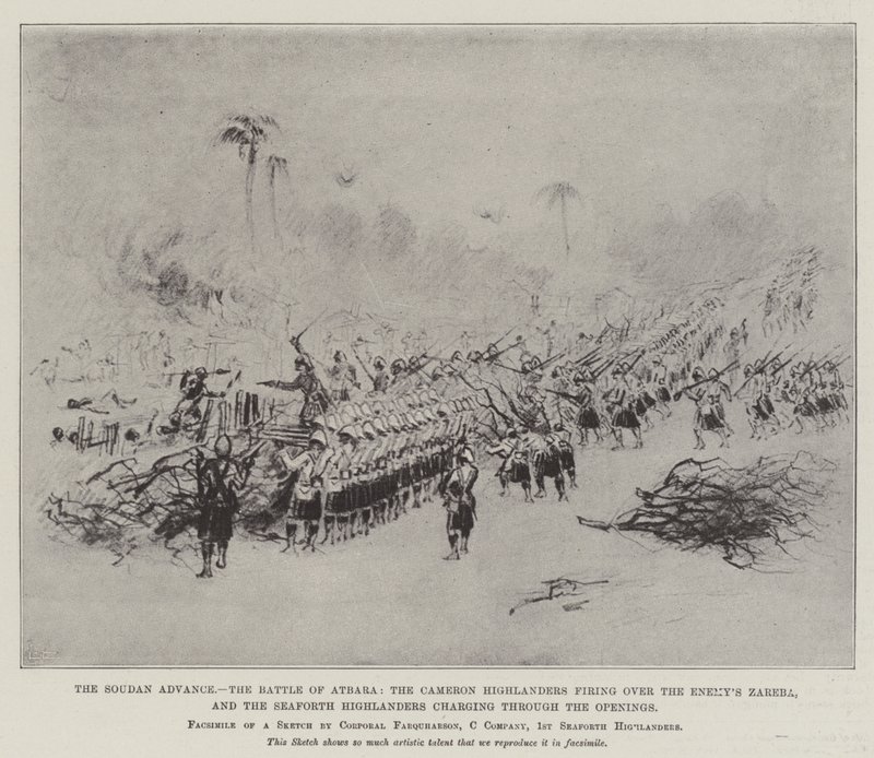Soudan Advance, slaget ved Atbara, Cameron Highlanders som skyter over fiendens Zareba, og Seaforth Highlanders som stormer gjennom åpningene (litho) av English School
